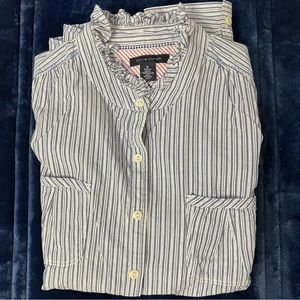 Tommy Hilfiger Ruffled Collar Button Down Pin Striped Shirt Size Medium